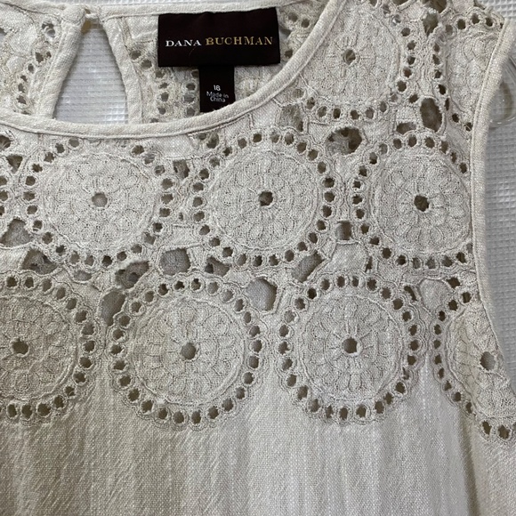 DANA BUCHMAN Cream Linen Crochet Sleeveless Shift Dress Boho Coastal S/M - Picture 7 of 12